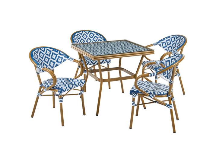 Beliani Gartenmöbel-Set 4-Sitzer Blau/Weiß Polyrattan Caspri, Weiß, Blau, Braun, Kunststoff, Gartenmöbel, Gartengarnituren, Gartenmöbel-Sets