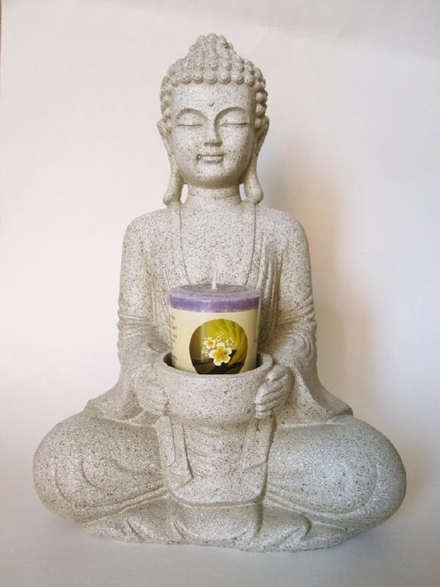 Mani Bhadra Boeddha Meditatiebeeld met kaarshouder - Steengrijs - Polyresin