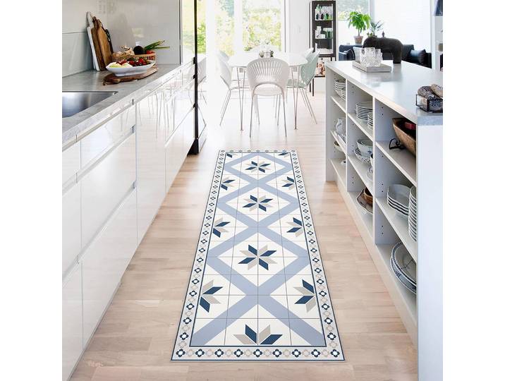 Tapis en vinyle carrelage Fleurs losange 60 x 180cm Bleu