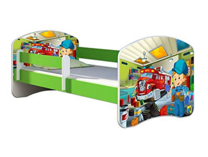 ACMA Kinderbett 180x80 Jugendbett mit Matratze, Farbe Grün, Rausfallschutz Lattenrost II Spielbett Kinderzimmer Möbel, 45 Mechaniker