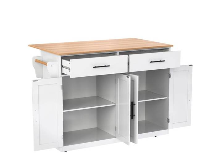 VLIVRA Desserte cuisine 2 tiroirs 4 portes plateau rabattable porte-serviettes MDF blanc naturel