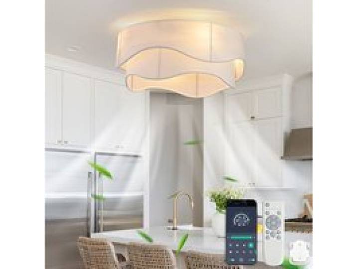 MEUBLIV Plafonnier ventilateur 50 cm 4 douilles E26 commande Bluetooth et télécommande blanc et doré