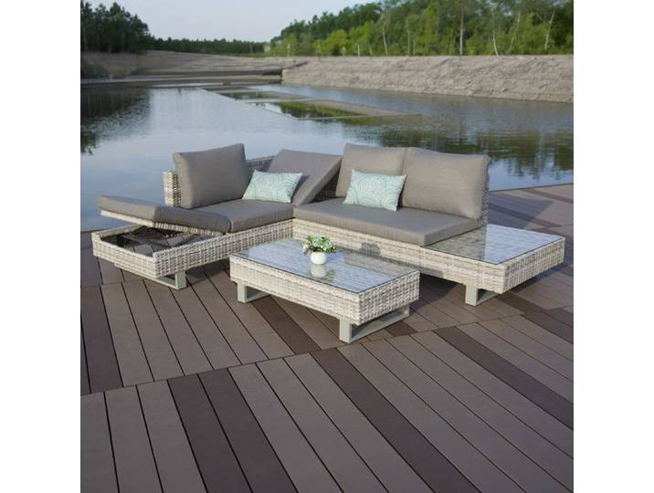 Salon de Jardin 5 Personnes Gris - Salon de Jardin avec Transat Réglable - Salon de Jardin en Résine Tressé avec Plateau en Verre