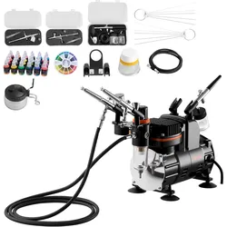 VEVOR Airbrush Set 1/6 PS mit Luftkompressor, 3 Dual Action Airbrush Pistolen mit 3 Düsen (0,3/0,3/0,35mm) & Schlauch & Acrylfarbe, für Kuchendekoration Modellmalerei Nagelkunst geräuscharm