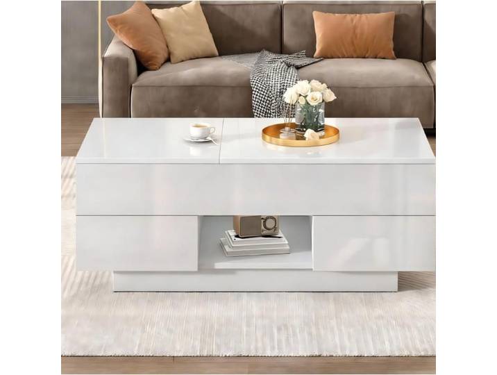 Table basse relevable blanche brillante avec LED et rangement