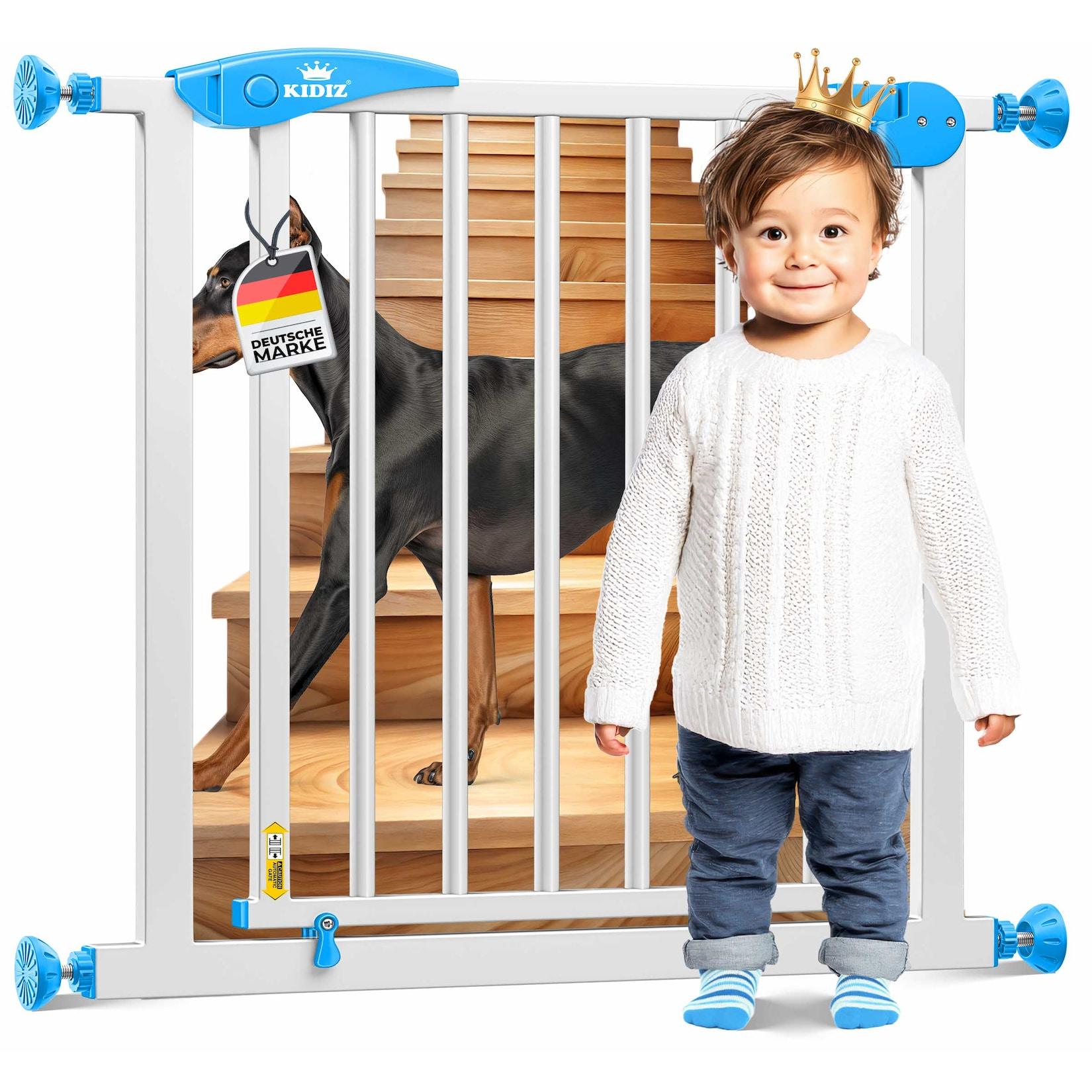 KIDIZ® Schutzgitter für Treppen Tür, Auto Close Kindertreppengitter ohne Bohren 90° Stop, Absperr Türschutzgitter, schwenkbare Trennwand, Treppenschutzgitter, Klemmen