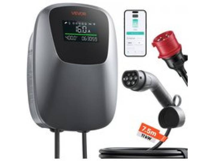 VEVOR Borne Recharge Véhicule Électrique 11 kW Chargeur Triphasé Type 2 CEE pour Voiture Électrique et Hybride Rechargeable, Domestique 400 V CA 16 A, Contrôle Intelligent APP, Écran Numérique, IP65