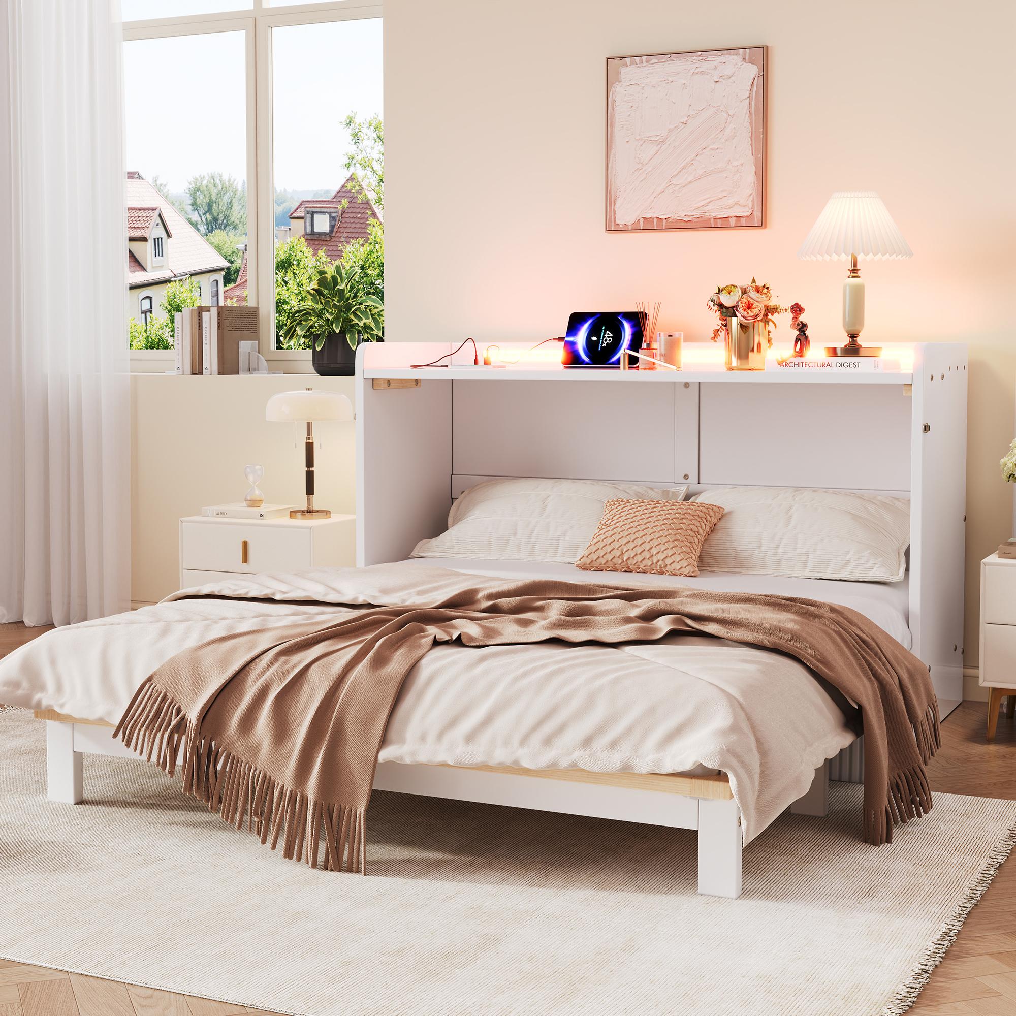 Schrankbett 140 x 200 cm, klappbares Plattformbett mit Schubladen, USB, Steckdose und LED-Lichtleiste, Hochglanzplatte, Weiß