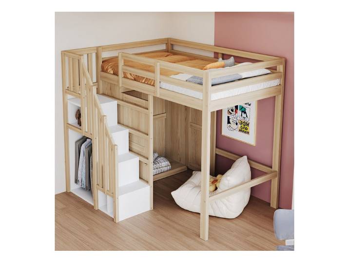MODFU Kinderbett mit Stauraum-Leiter (Holzbett, Eingebautem Kleiderschrank, Jugendbett 90X200 cm), ohne Matratze