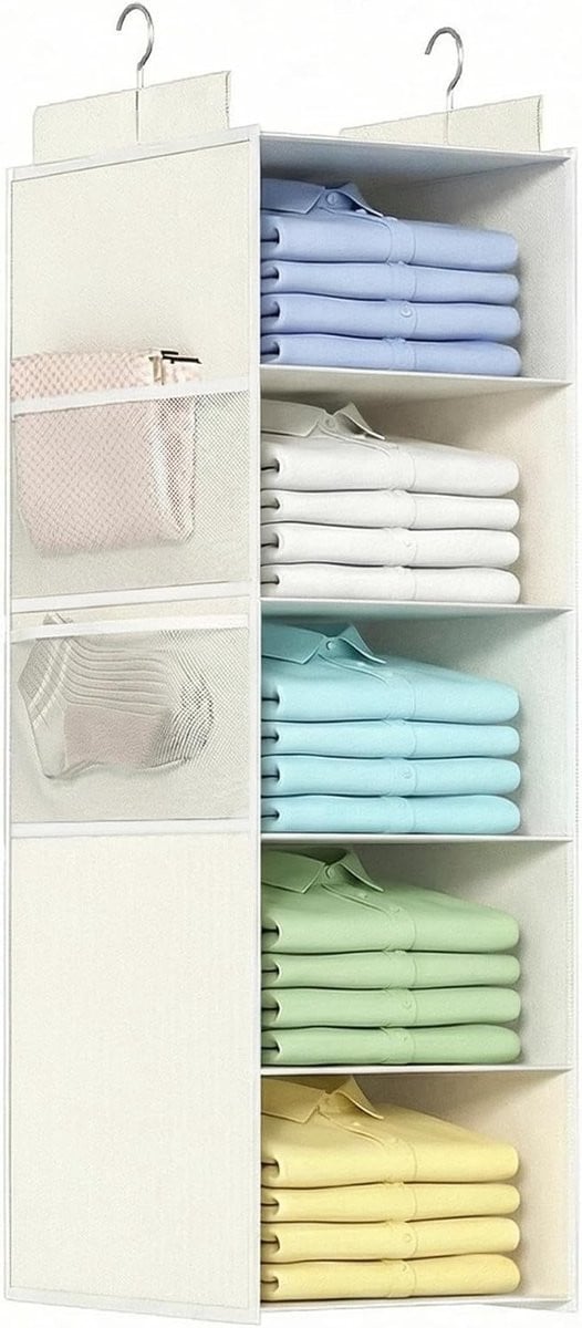 Diepe hangende kledingorganizer met 4 grote mesh compartimenten voor kleding, schoenen en accessoires
