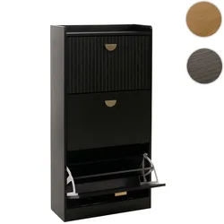 Schuhschrank HWC-O39, Schuhkipper Schuhregal 3 Klappen Klappfächer MDF Melamin Metall 117x60x24cm ~ Holzoptik schwarz