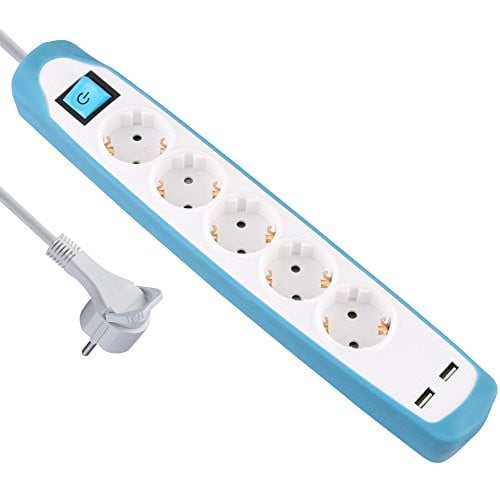 Electraline 62160 RubberLine stekkerdoos 5-voudig met schakelaar, 2 USB-poorten 2.1A en 2m kabel, blauw
