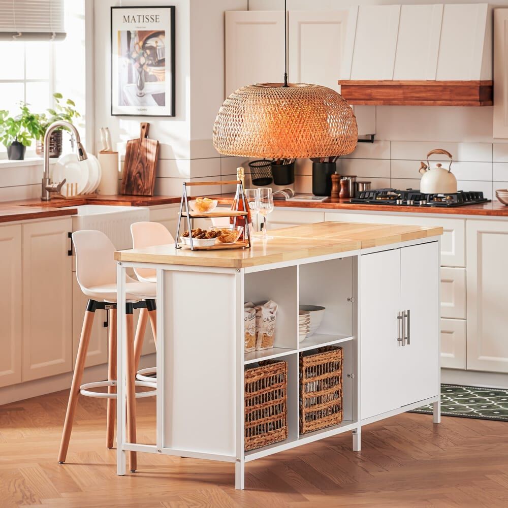 SoBuy Desserte avec plan de travail, 2 portes, 4 compartiments effet bois Blanc 170x89x60cm