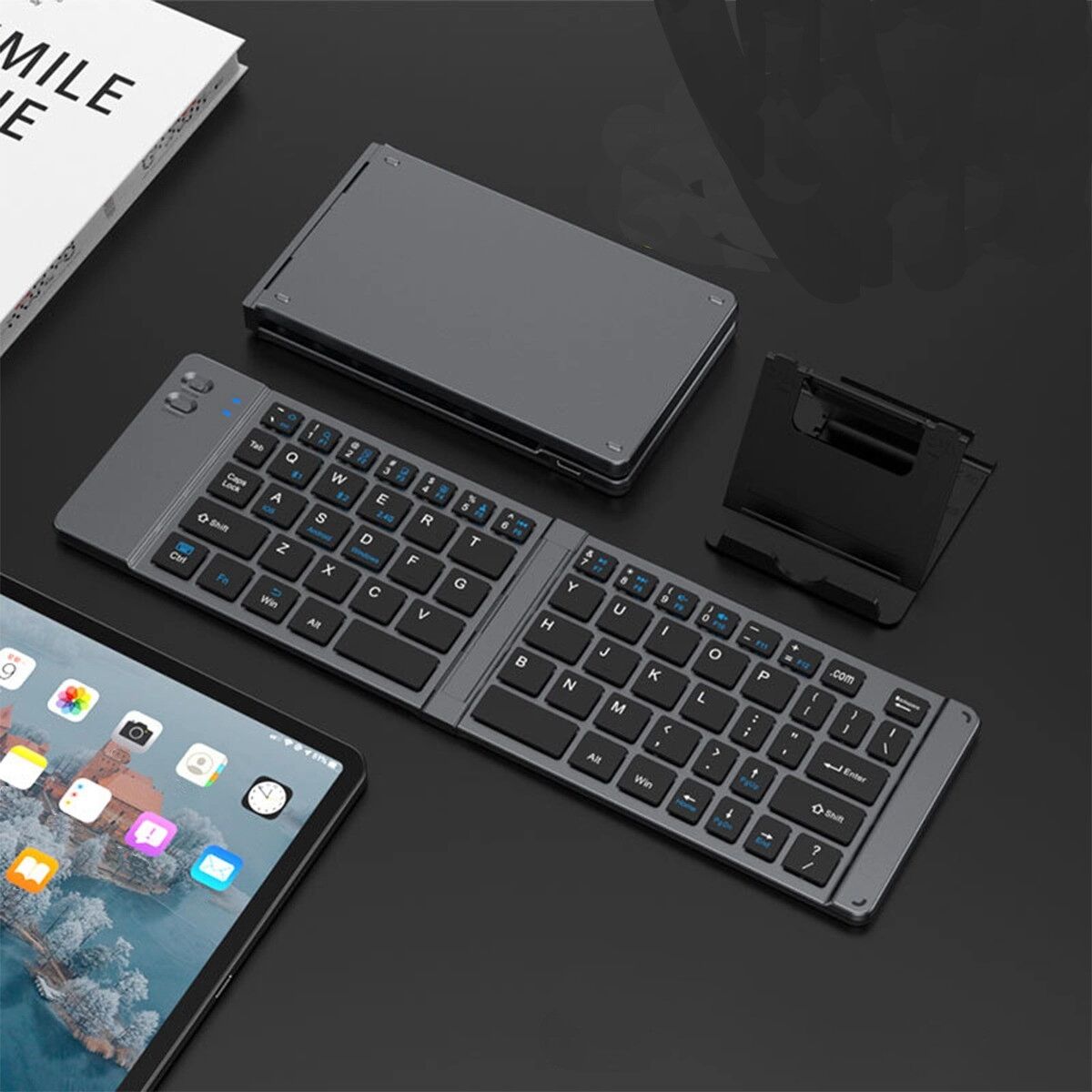 INF Faltbare 66-Tasten kabellose Tastatur – kompakt, Type-C wiederaufladbar, Multi-Device Bluetooth/2.4G mit USB-Empfänger, Titan