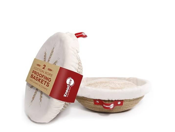 KneadAce Banneton Brotgärkorb-Set aus Baumwollseil, 2 x runder Brotkorb mit Einlagen und Abdeckungen für handwerkliches Brotbacken, Sauerteigbrot Backzubehör