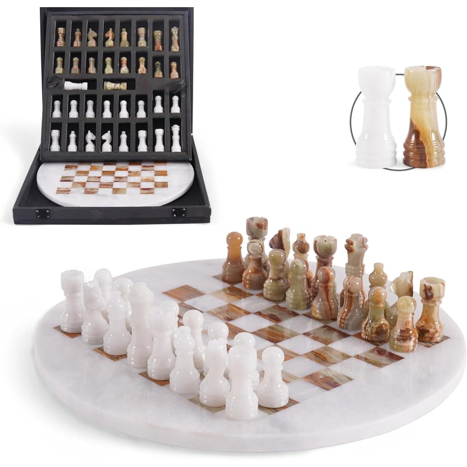 Schachspiel Schachbrett Schachset - Rundes Schachbrett 30,5 cm - Weiß und Grün - Mit Aufbewahrungsbox