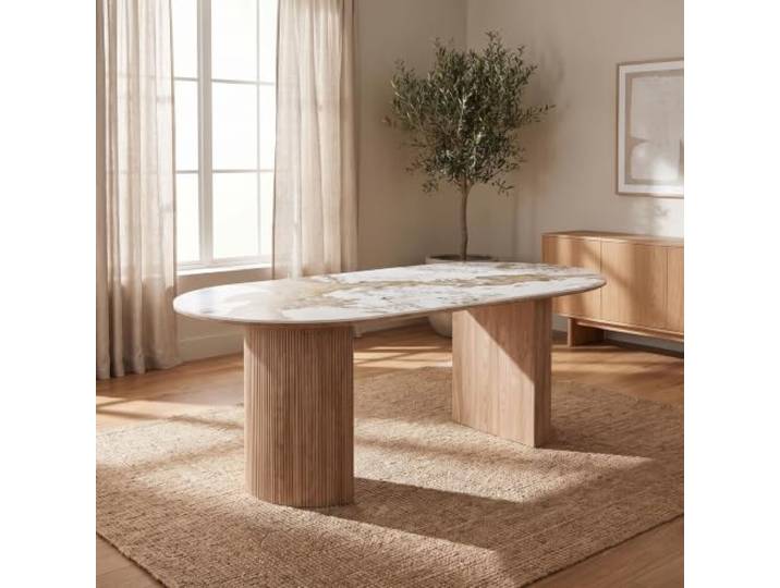 Esstisch Minamata 100 x 210 cm Keramik Weiß von ebuy24 Marmorierte Steinoptik, dunkelbrauner Holzdekor-Unterbau, weich abgerundete Platte, zwei geriffelte Säulenfüße