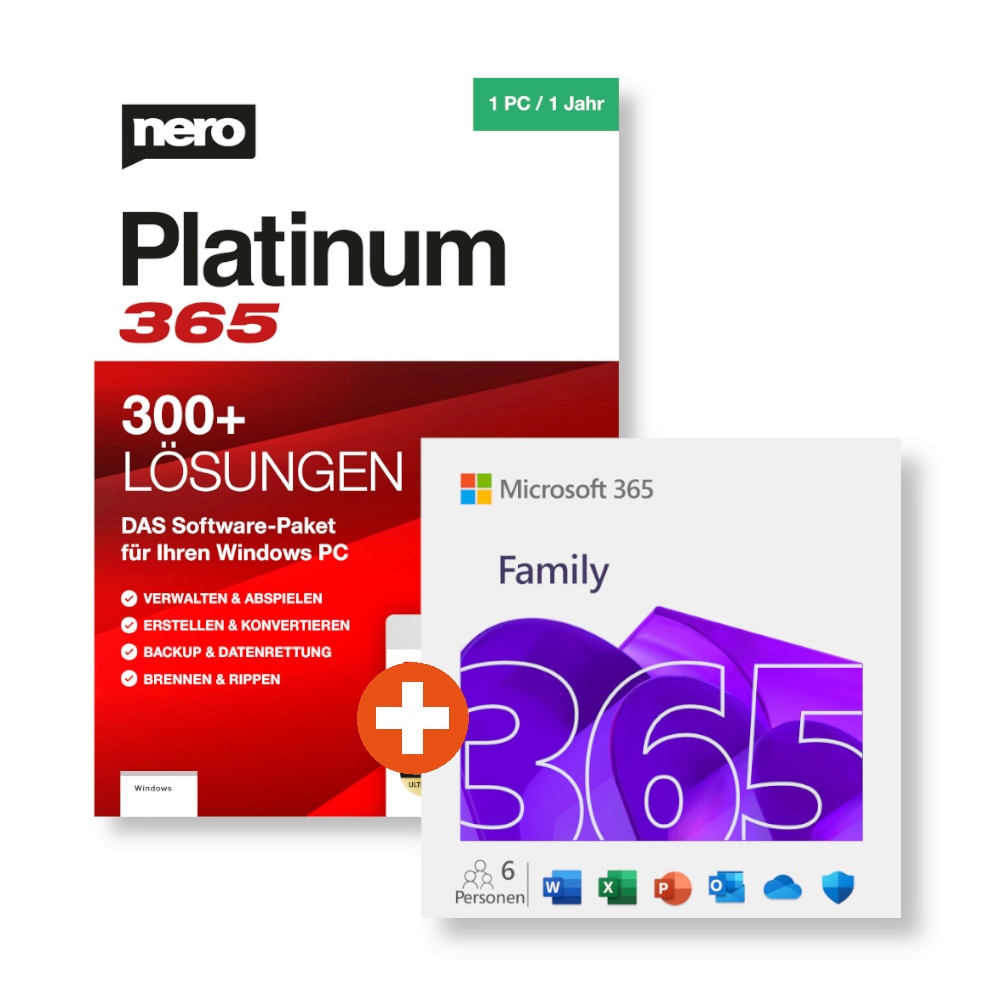 Microsoft 365 Family (Office-Apps inkl. Copilot-KI und 6TB Cloudspeicher) + NERO Platinum 365 | Download & Produktschlüssel Bundle_M365_Nero