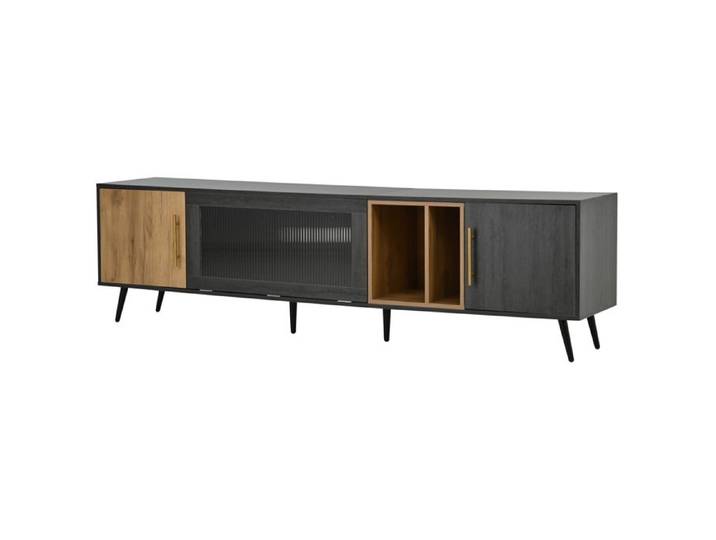 ELVORIN Meuble TV 200 x 40 x 55 5 cm MDF gris et marron aspect bois 3 portes rangement ouvert pour TV 90 pouces