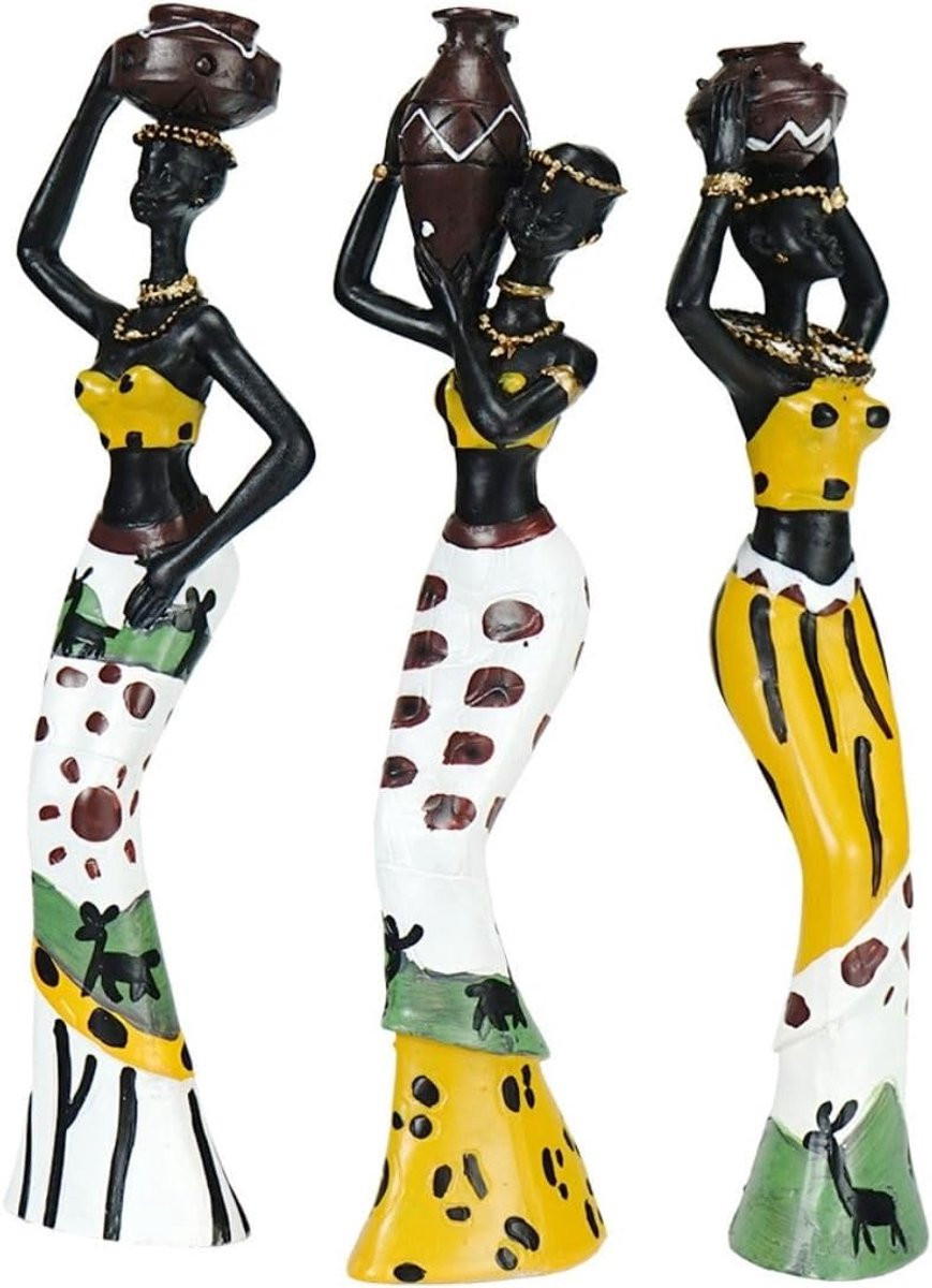Handgeschilderd Afrikaans Vrouw Beeldje van Hars - Zwart - Hoogte: 20 cm