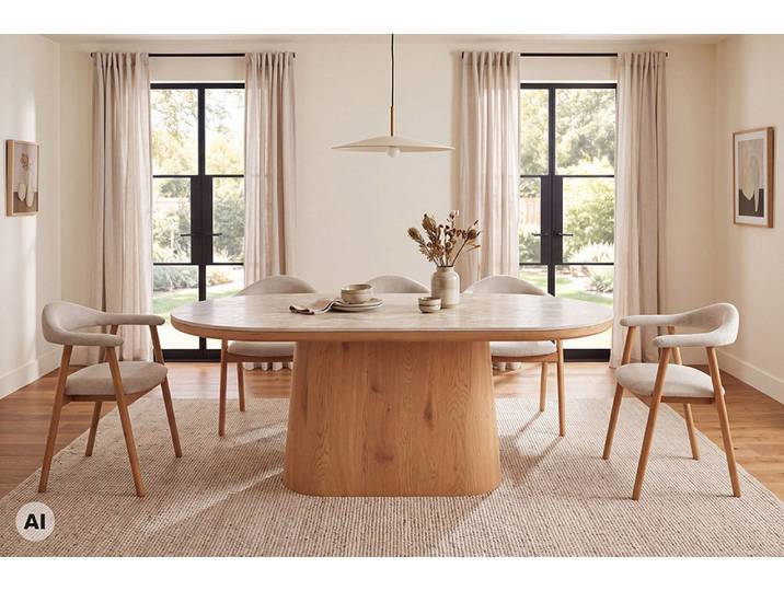 Ovaler Esstisch UNIQUE 200cm beige natur Travertin Eiche mit Säulenfuß Esszimmertisch