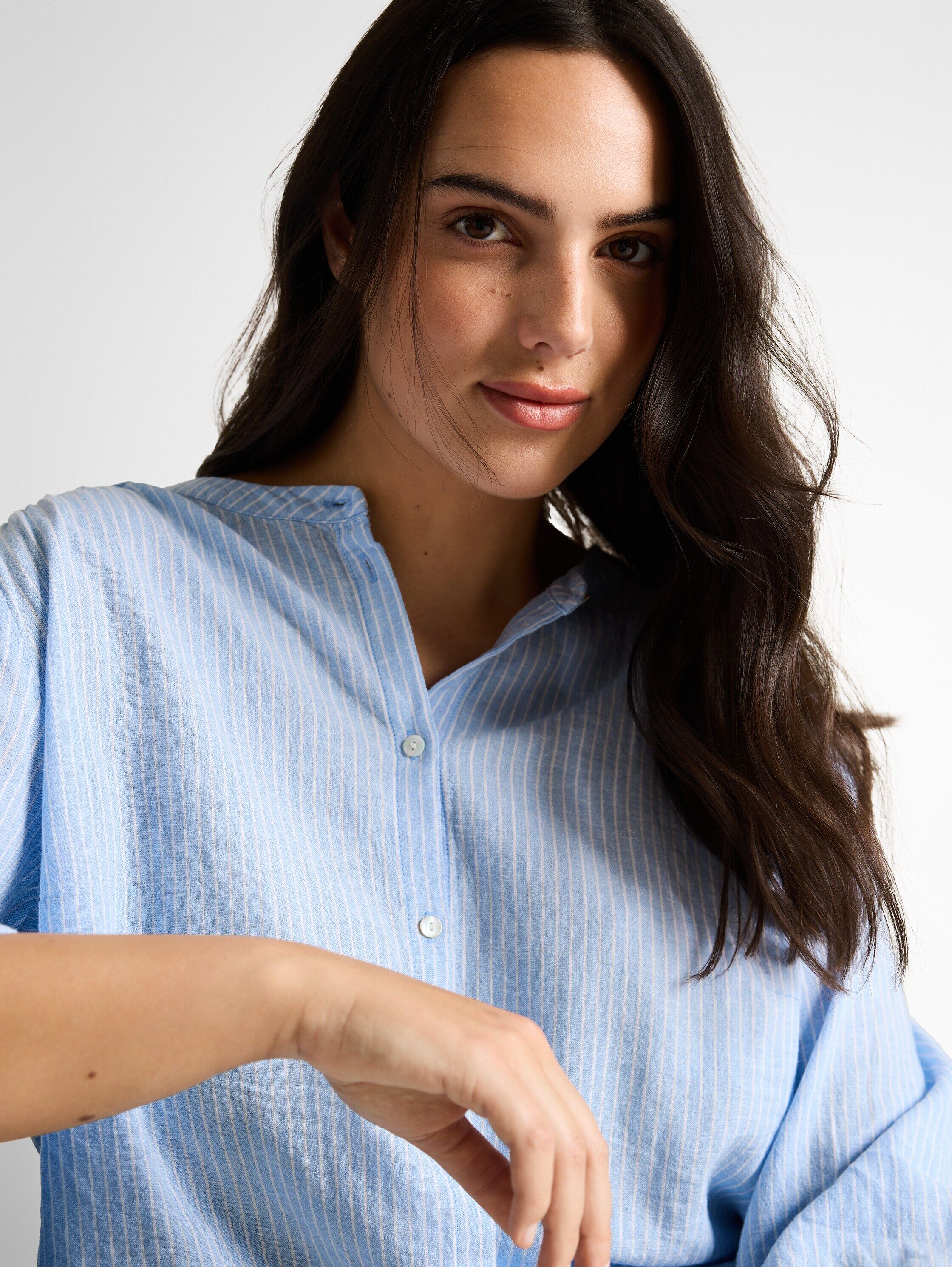 Schluppenbluse TOM TAILOR PLUS, Damen, Gr. 50, blau (fjord blau irregular stripe), Web, Obermaterial: 55% Lyocell, 45% Viskose, gestreift, hüftbedeckend, Rundhals, elastischer Bund, Blusen Schluppenbluse, mit Streifen-Design fjord blau irregular stripe 50