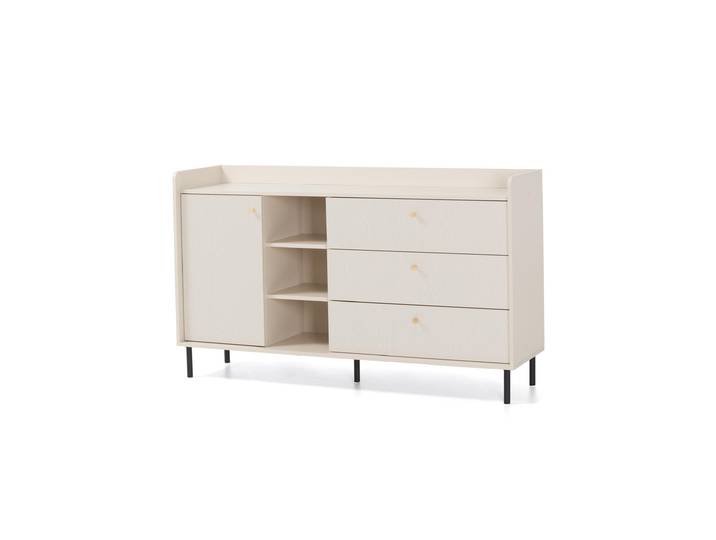 Kommode GLORIA Sideboard mit 3 Schubladen, 1 Tür und offene Regalen, Sand Beige, Moderner Stil