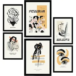 POSTER Set Mit 6 In Schwarzer Tinte Freiheit Kunstdrucke Im Skizzenstil Für Innenarchitektur A3 & A4 Schwarzer Rahmen