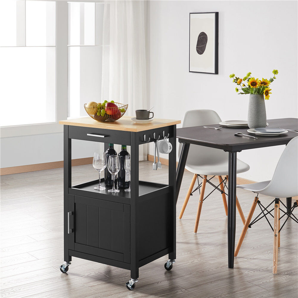 Yaheetech Rolling Kitchen Cart with Solid Wood Top & Legs Black 89cm H X 55cm W X 45cm D