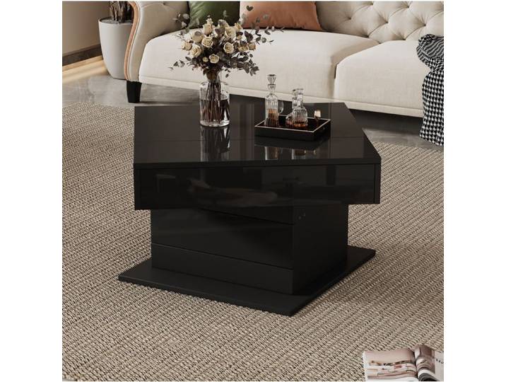 Table Basse Carree Noire Relevable Table De Salon Rotative FloraGrace Pour Salon Rangement Cache Et 1 Tiroir 70x70x45cm