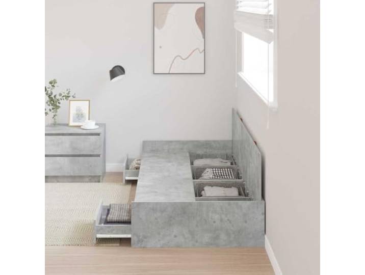 KTHLBRH Bettgestell, Zementgrau, 75 x 190 cm Massives Kiefernholz, Behälter mit Schubladen, Kopfteil inklusive, Verwendung im Innenbereich