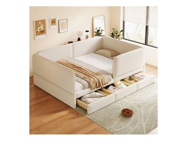Flieks Polsterbett, Daybett Kinderbett 140x200cm mit Sicherheitsgeländer und 3 Schubladen
