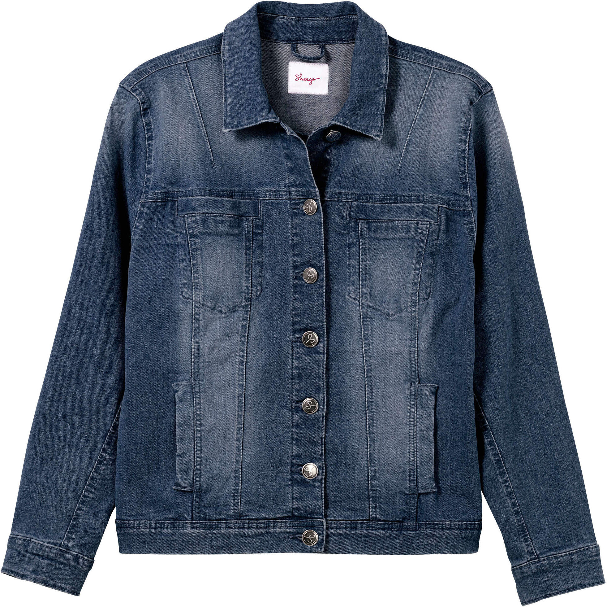 Jeansjacke SHEEGO "Jeansjacke Jeansjacke in leicht taillierter Form", Damen, Gr. 42, blau (blau denim), Denim/Jeans, , Sportlich, Jacken Jeansjacke