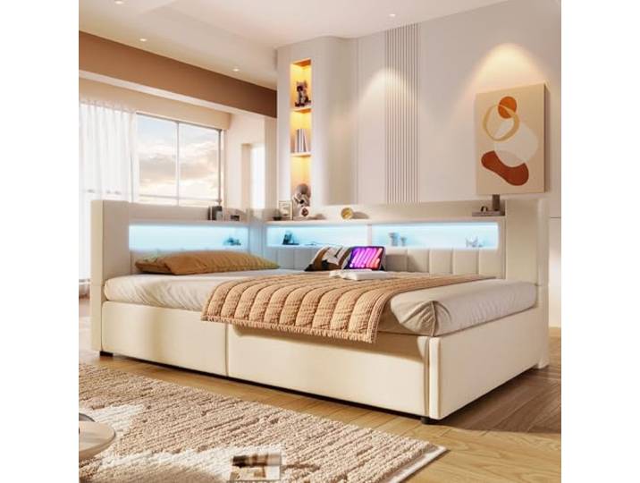 BTM Tagesbett 90 x 200 cm mit Ladefunktion Stauraumbett Schlafsofa Polsterbett mit LED (ohne Matratze), Einzelbett, Beige