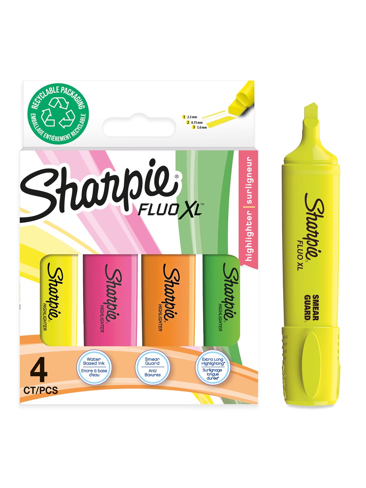 Sharpie Fluo XL Textmarker | Keilspitze | sortierte fluoreszierende Farben | 4 Stück