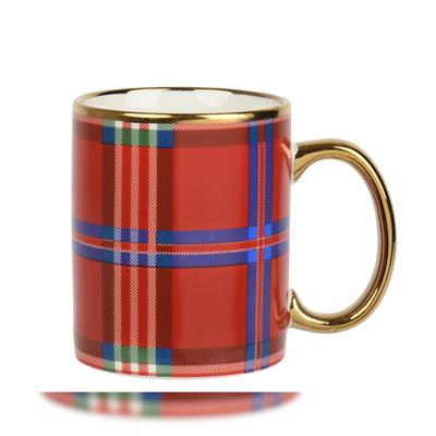 Christmas Decorations 1 Tasse 10cm mit Karo Muster Winter Tasse Kaffeetasse Teetasse Trinkbecher Heißgetränke Weihnachtsbecher Winter Becher Deko Weihnachten Xmas Rot Gold