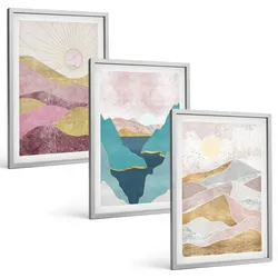 BILDER SET 3er Set - 40x60 cm Silberner Rahmen - Abstrakte Berge Sonne