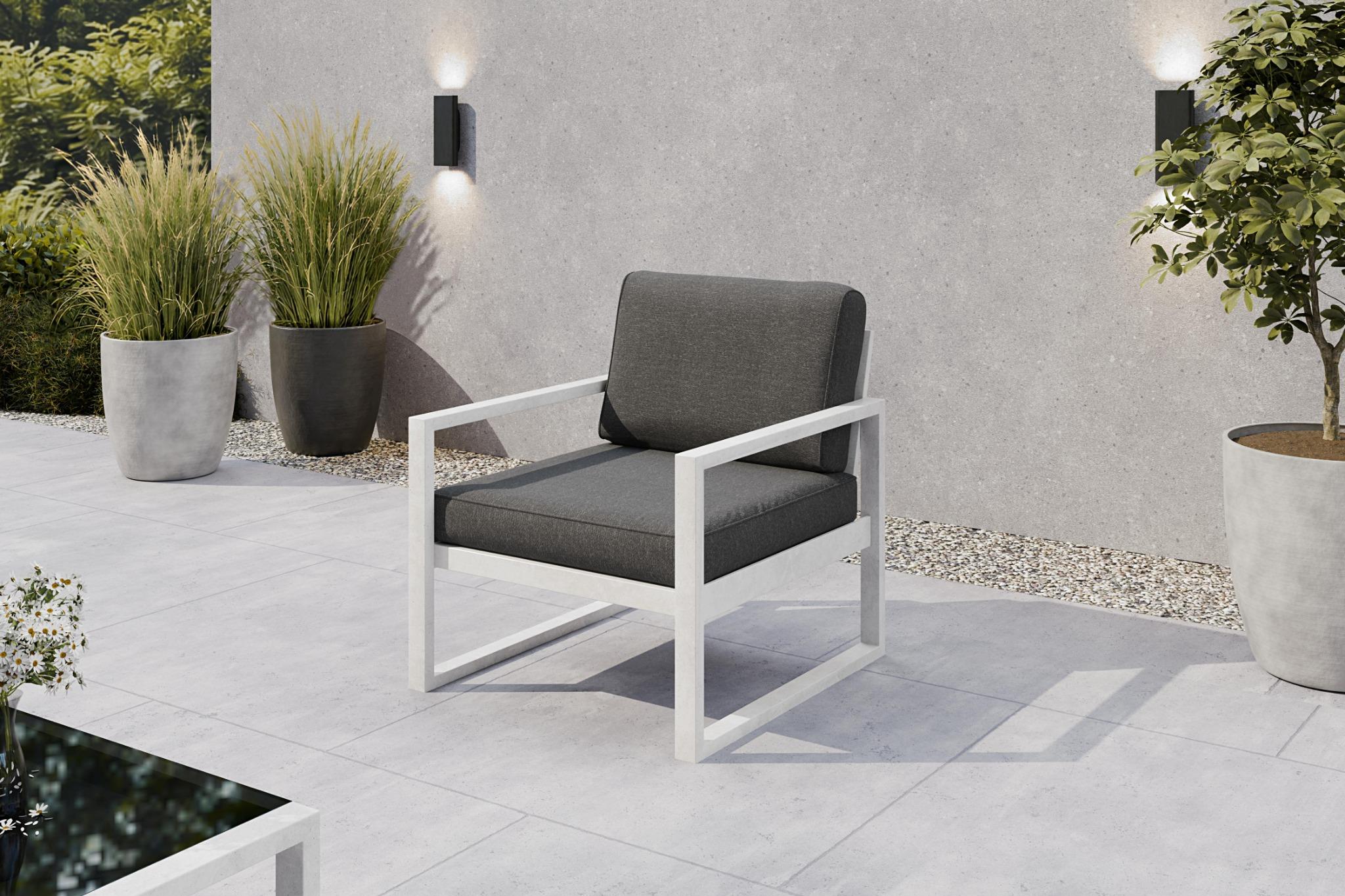 Margaret Hadas24 Gartensessel Outdoor Madera Lounge Sessel Gartenstuhl Terrasse Balkon wetterfest Metall Sitzbank mit Lehne, weiß, dunkelgrau