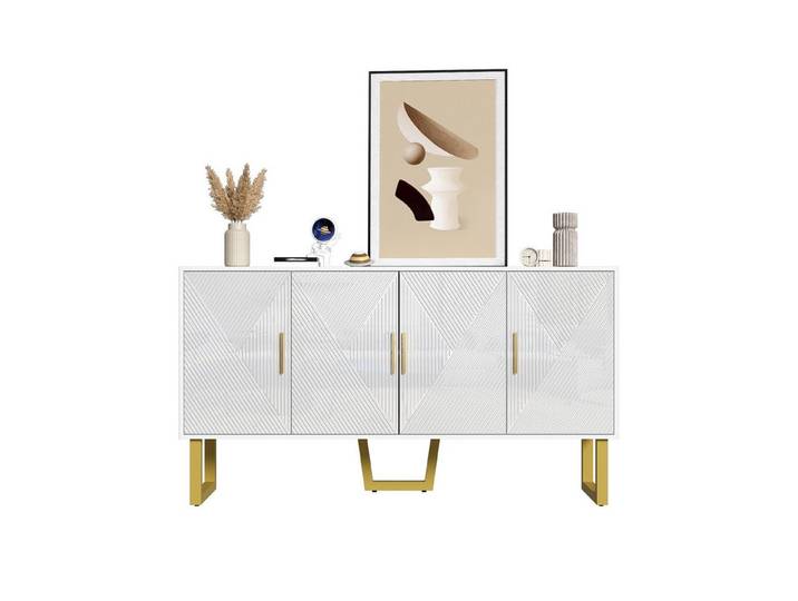 Fine Life Pro Sideboard Sideboard weiß, Hochglanz-Strukturtüren, Goldgriffe, 4 Türen