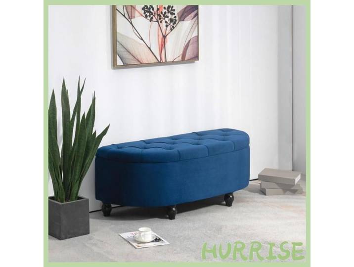 Cocosity Pouf De Rangement Coffre 2 En 1 - Pouf Capitonné Demi-Cercle - Pieds Bois Hévéa Noir Revêtement Velours Bleu