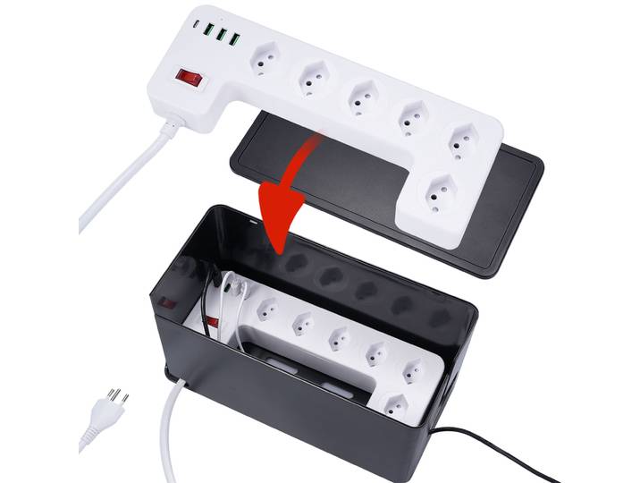 6-fach Steckdosenleiste mit Kabelbox, 3x USB-A, USB-C, 15 W