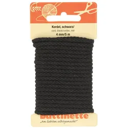 buttinette Baumwoll-Kordel für Bekleidung, schwarz, 4 mm Ø, Länge: 5 m