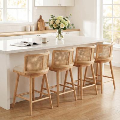 Christopher Knight Home Talia Scandinavian Upholstered Wooden Counter Stool Set - Bar Chairs with Rattan Backrest
