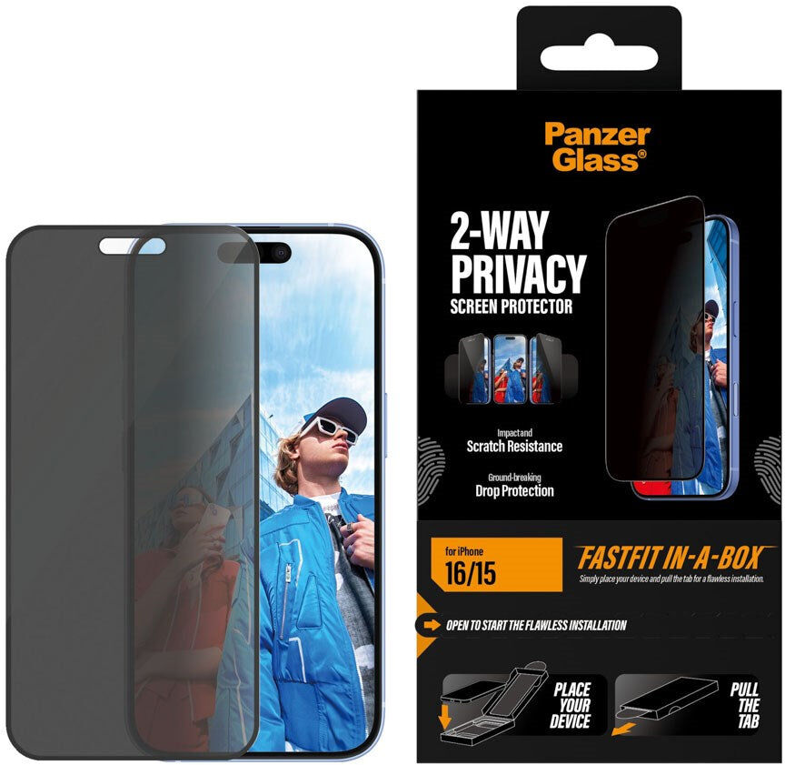 iPhone 16 / 15 PanzerGlass 2-Way Privacy Skærmbeskyttelsesglas - inkl. FastFit In-A-Box - Gennemsigtig
