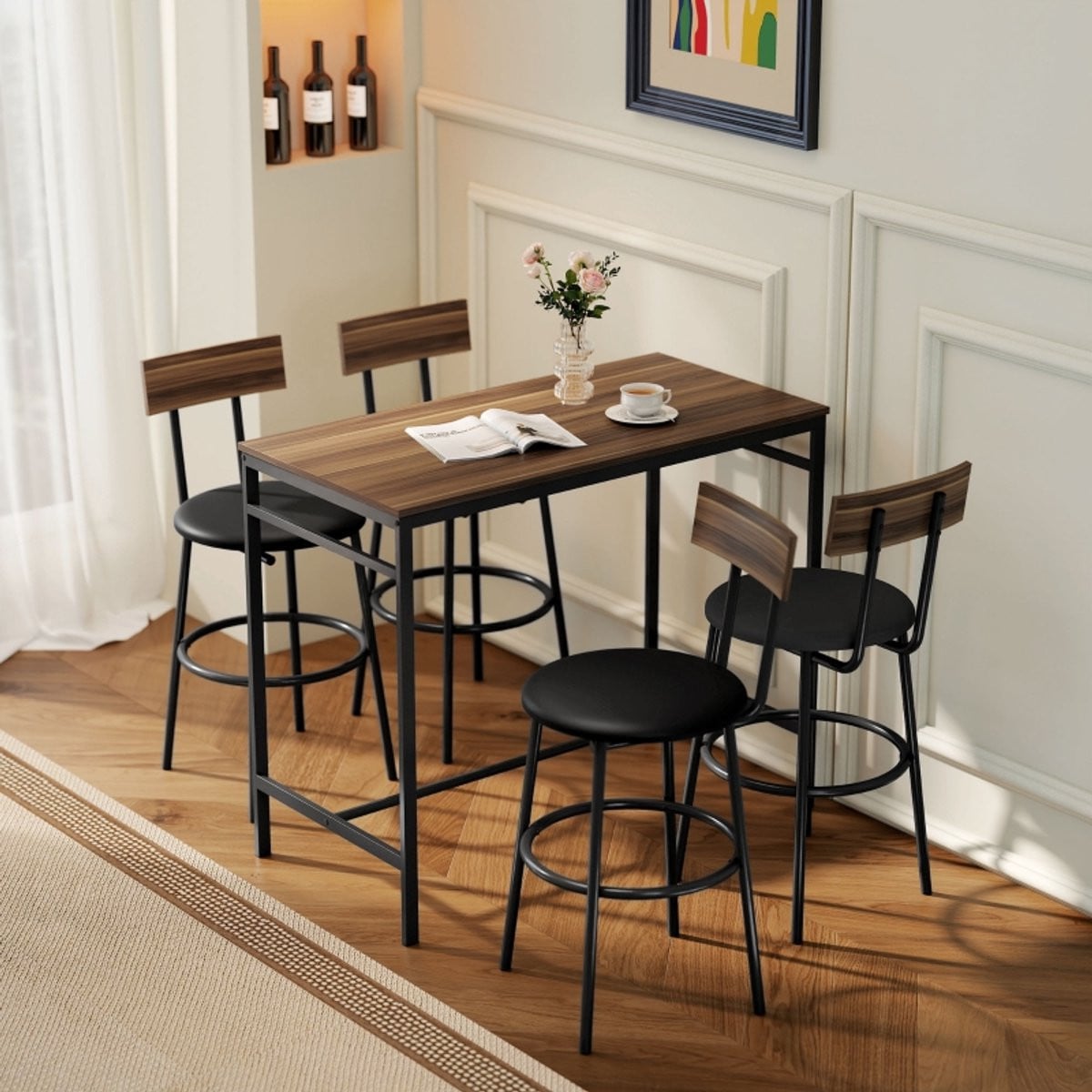DESMIU Bartafel Set 5 Delig met 4 Barkrukken - Industrieel Design - Hout en Metaal - Bruin