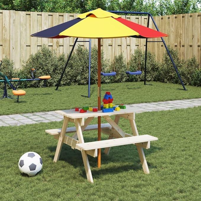 Picknicktisch für 4 Kinder mit Sonnenschirm aus Massivholz Tanne, Gartentisch für Terrasse und Garten, Balkontisch für Outdoor, wetterfester Sitzplatz für Spielen, Essen und Entspannen