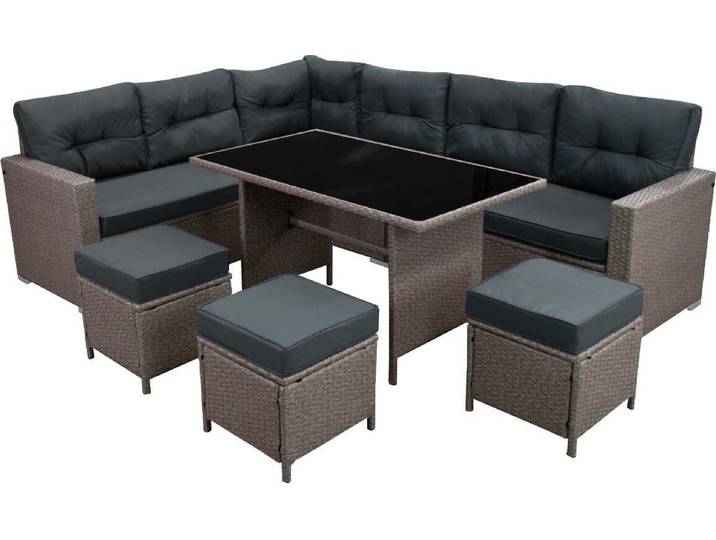 Ensemble de jardin en rotin pour 9 personnes\, comprenant une table et des tabourets\, de couleur grise