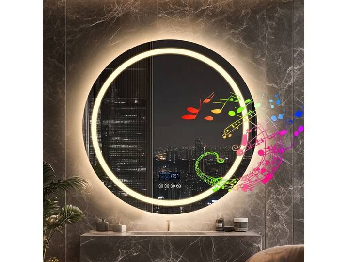 HOMirror-Miroir Mural Rond à Intensité Variable, Couleur Bluetooth, Avant et Rétro4.2, Anti-Buée, Affichage de la Température de l'Heure de Mémoire, 800mm