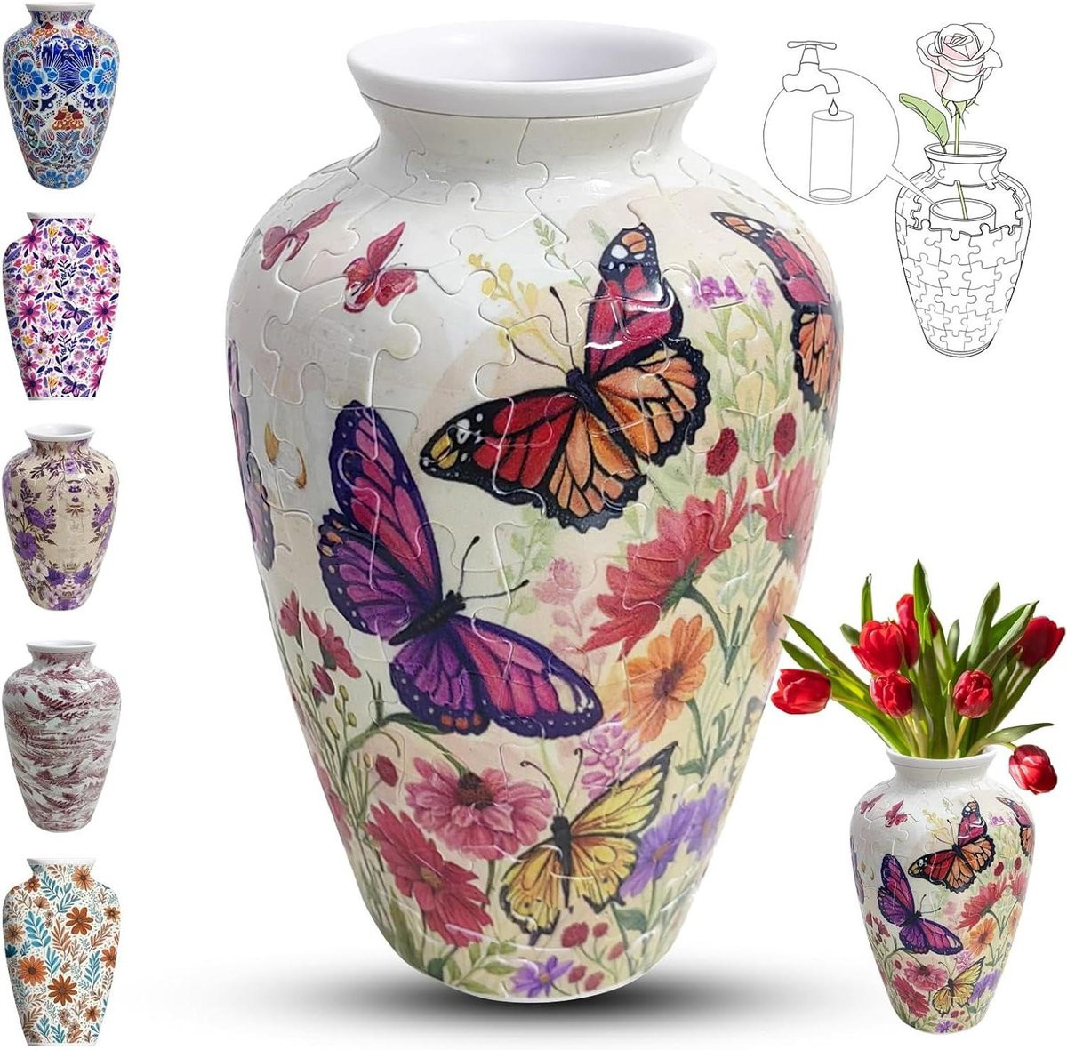 3D Puzzel Vaas met Vlinders - Decoratieve Waterdichte Bloemenvaas - Hoogte: 16,5 cm