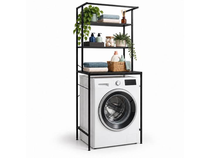Relaxdays Waschmaschinenregal Schwarz Metall 3 Ablagen, Metall, Holzwerkstoff, 66x161x40 cm, Waschküche, Waschmaschinenschrank